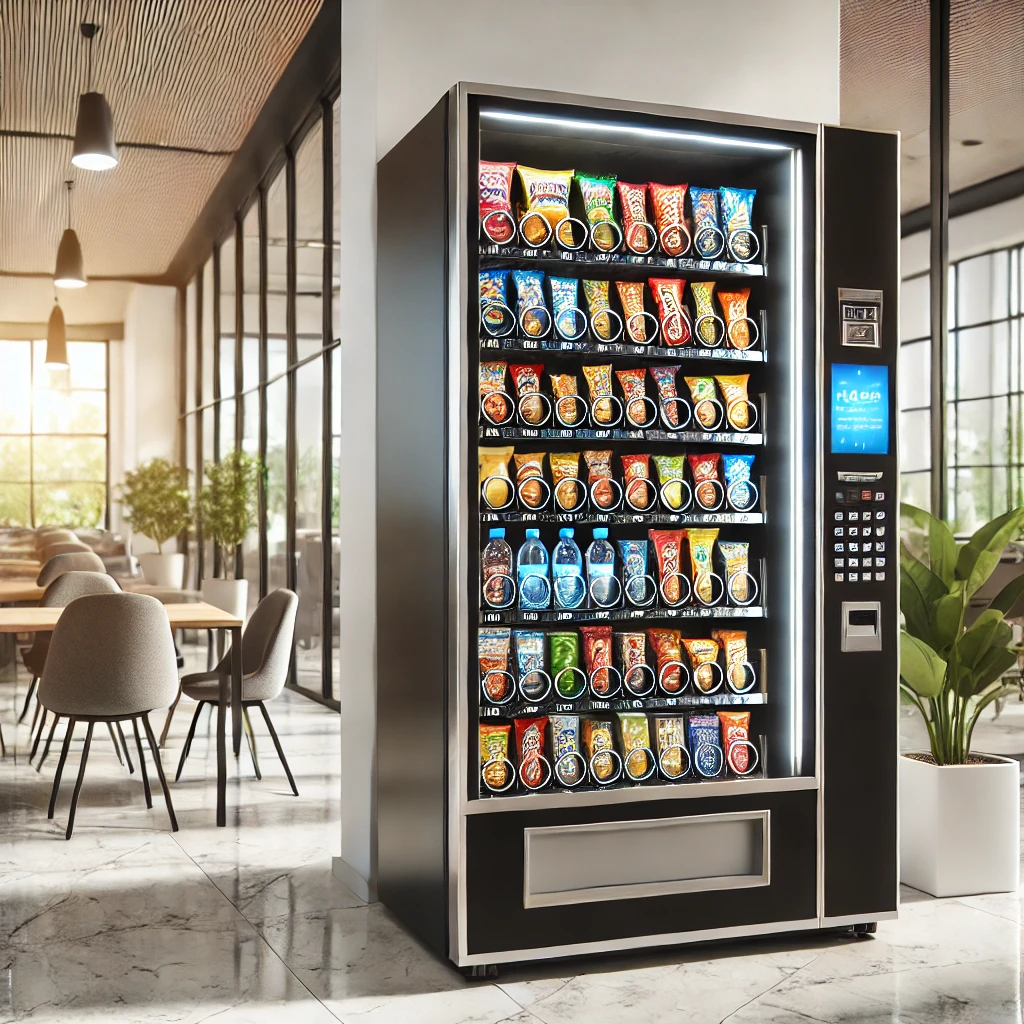 A modern vending machine stocked with a variety of snacks and beverages in a clean, professional indoor setting.