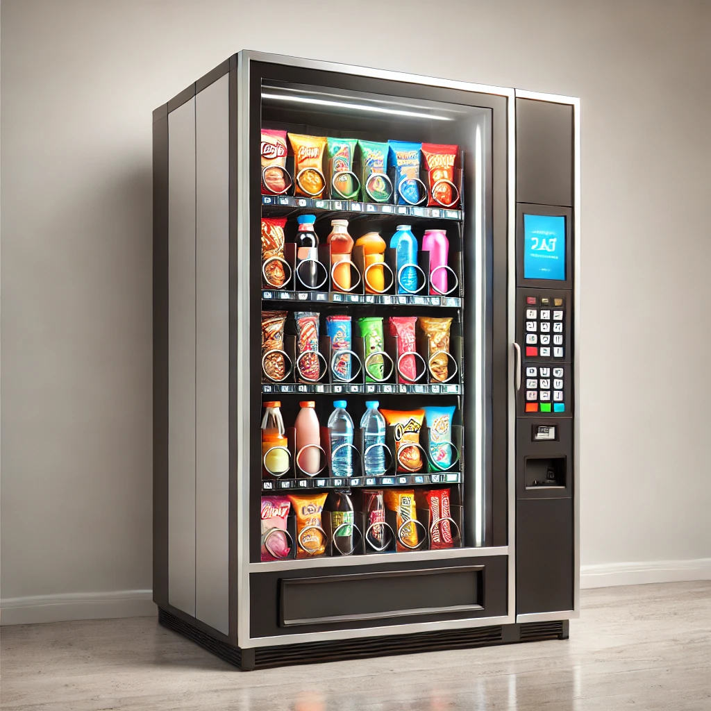 A sleek modern vending machine stocked with colorful snacks and beverages, featuring a glass front, digital display, and cashless payment options in a clean office breakroom.