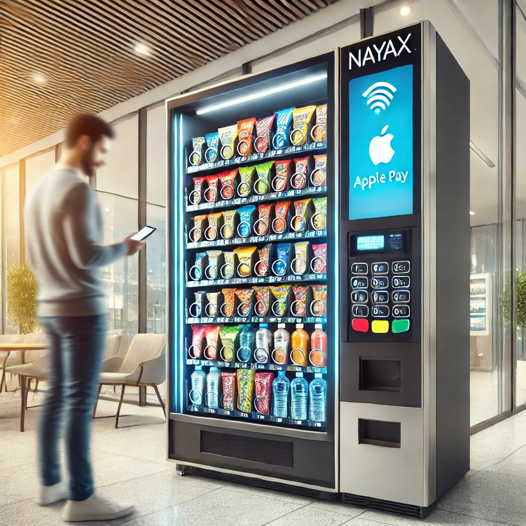 A modern vending machine equipped with a Nayax card reader in a busy office or shopping mall, with a person using a mobile phone to make a cashless payment.